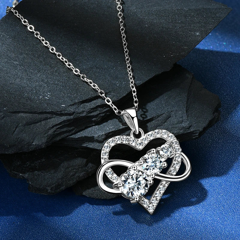 Certified Moissanite Infinite Love Heart Pendant Necklace Real S925 Sterling Silver for Women Fine Jewelry Gifts Cadena