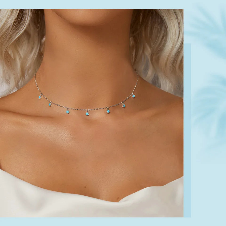925 Sterling Silver Simple Clavicle Chain Chokers Turquoise Bead Necklace for Women Fine Jewelry Gift BSN388