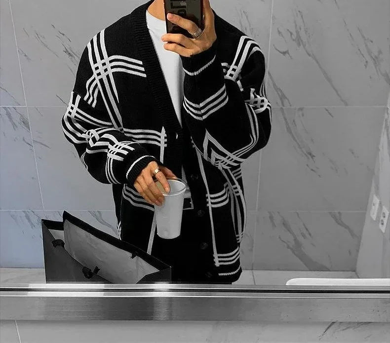 Men's Clothing Cardigan Jacket V Neck Coat Knit Sweater Male Plaid Elegant Casual Long Sleeve 100% Korean 2025 Autumn Classic A