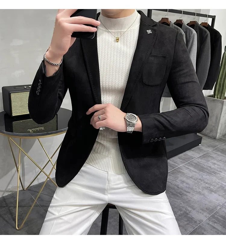 Plus Size 4XL-M Autumn Deerskin Velvet Jackets Blazer 6 Color Men Business Slim Blazers Hommes Casual Wedding Tuxedo Suit Coat
