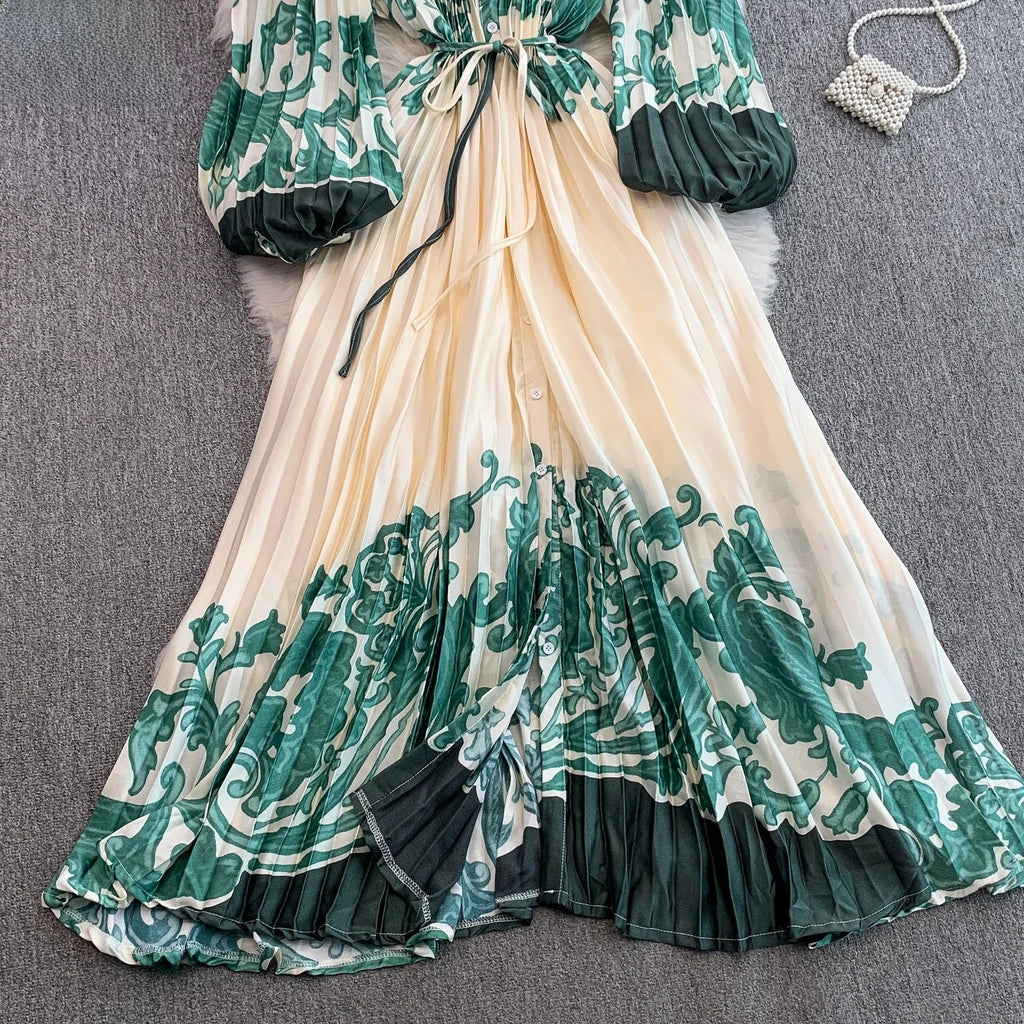 Printed round Ne Lantern Sve Dr Women's Single Button Waist Cinch Maxi Skirt Long Dr Commute Sle Autumn