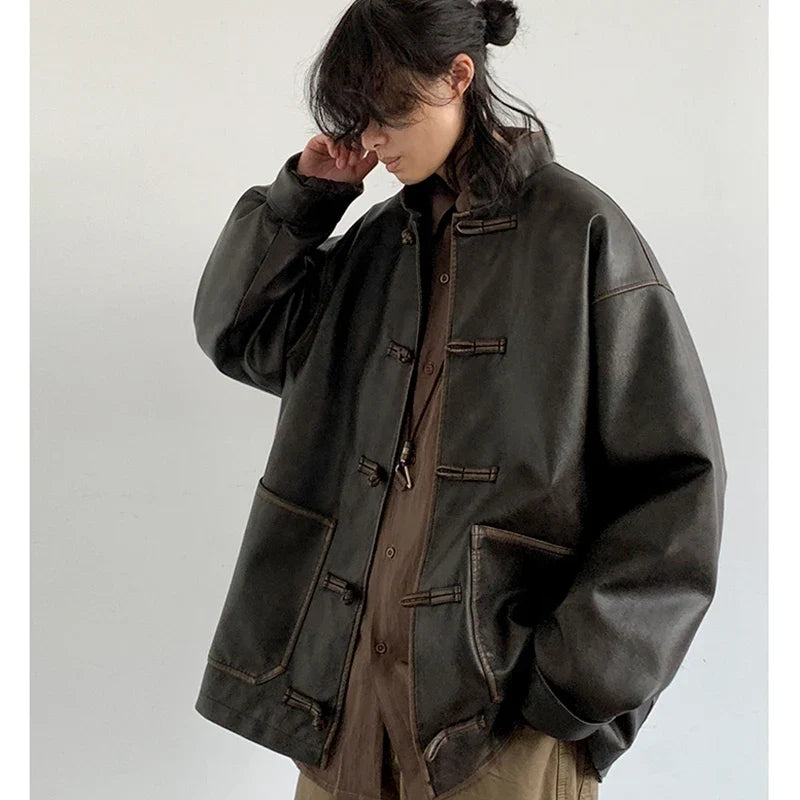 Spring Cool Oversized Vintage Distressed Pu Leather Jacket Men Elegant Luxury Designer Chinese Style Clothes 2024