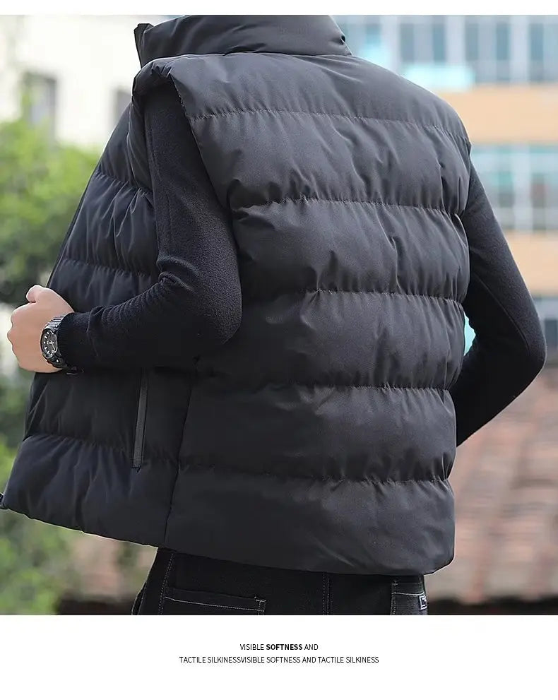 Men's down Vest Thickened Casual Style Stand Collar Jacket Autumn Winter New Fashion Youth Active Fit Zipper Pocket Daily Wear