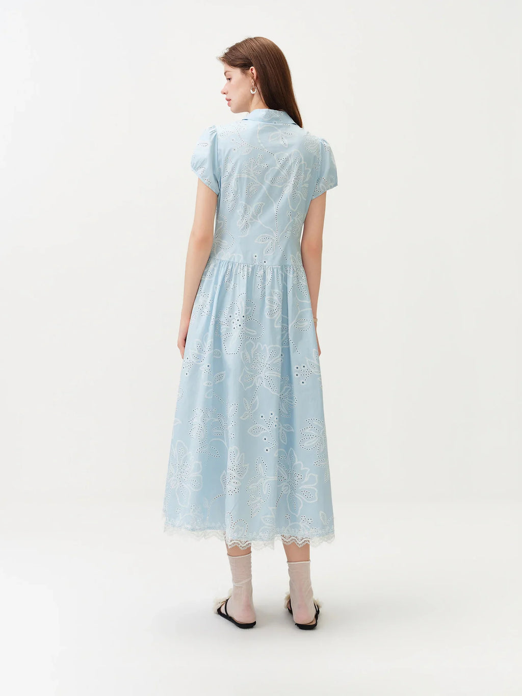 Women's Light French Style Cotton Lapel Hollow-out Print Waist-Fitted Short Sleeve Shirt Dress 2026 Summer New Arrival