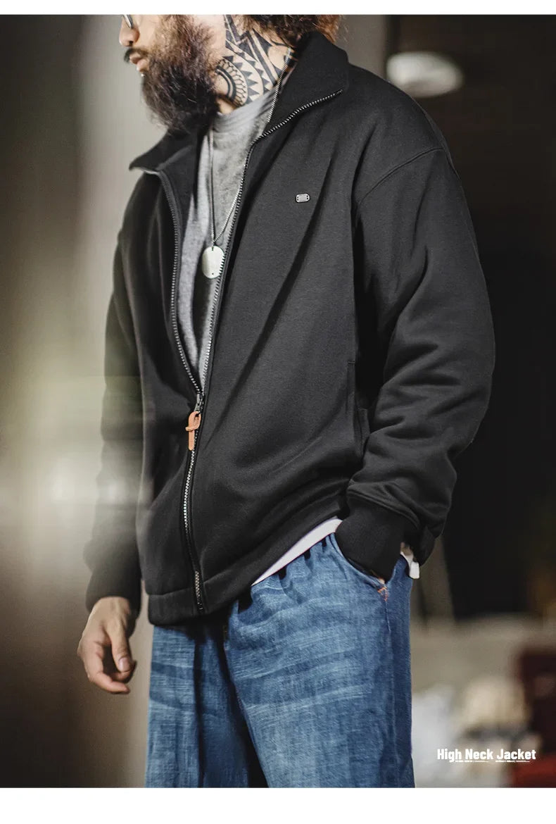 Men's High Neck Warm Jacket Polar Fleece Lining Thickened Coat Casual Sports Style Cardigan Sweater Vintage Tennis Jacket