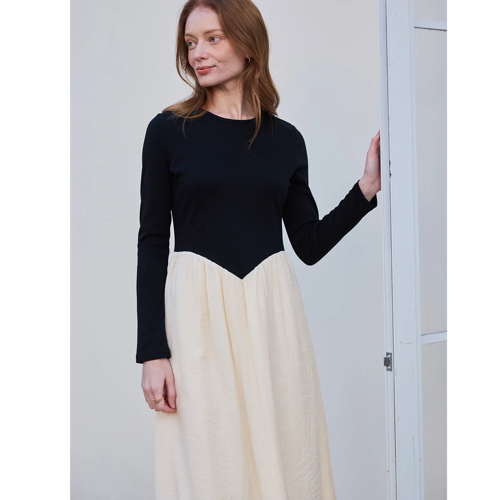 SS2026 Women Crinkle Dress Jersey Top Black Patchwork Apricot Elegant Lady Maxi Dress