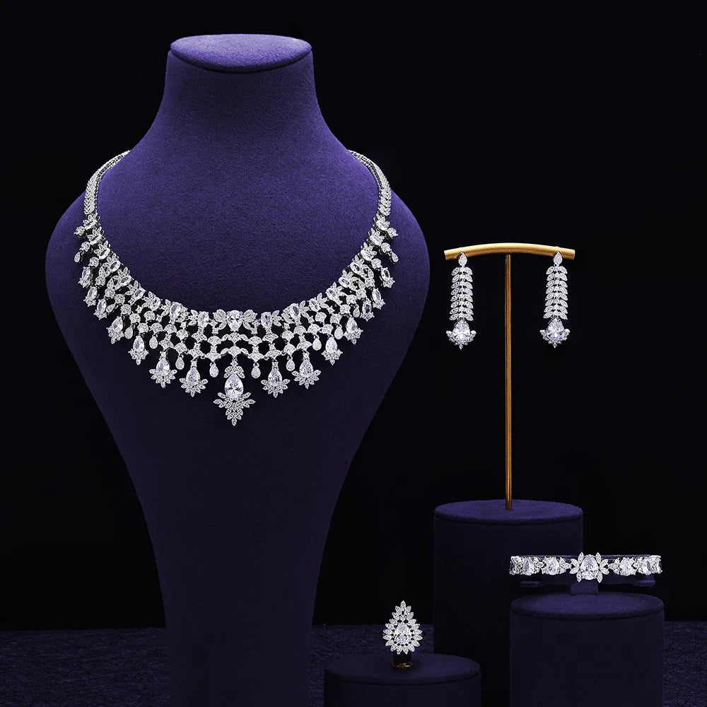 2024 New 4-piece Bridal Cubic Zirconia Full Set Women's Party Jewelry Set, Deluxe Dubai Nigeria Crystal Wedding Jewelry Set