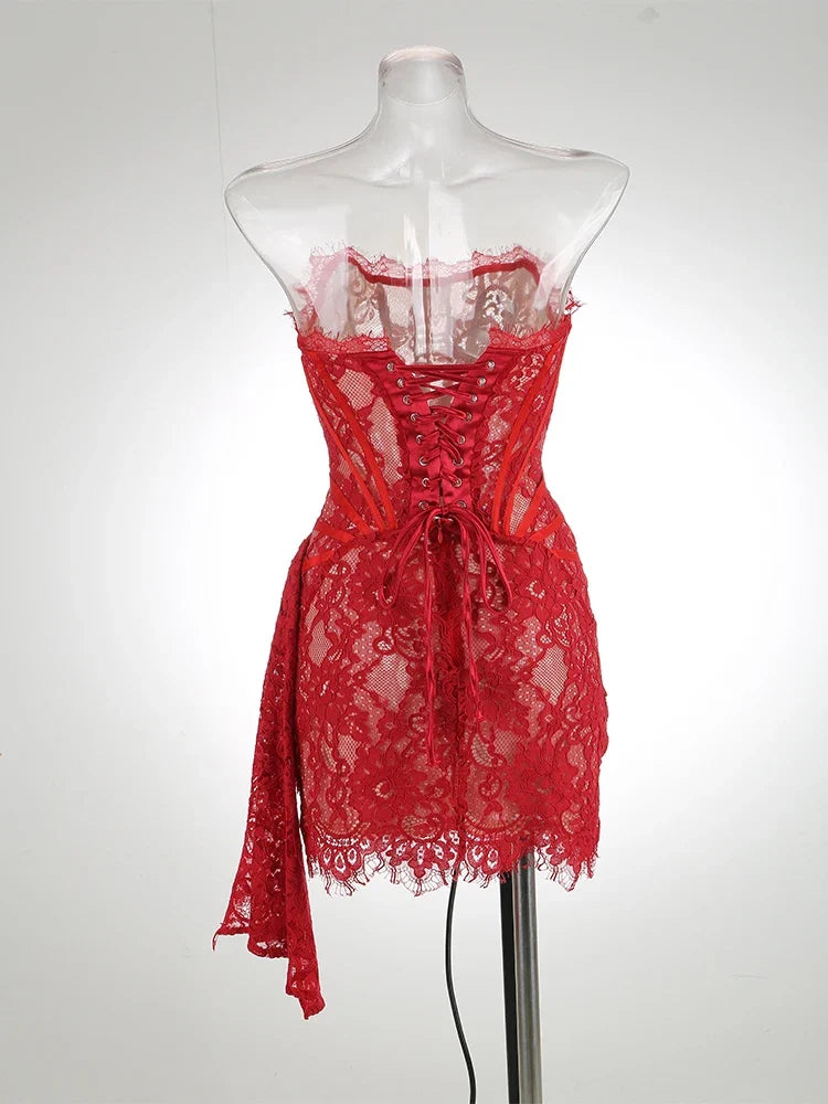 VC Christmas Dress For Women Red Lace Sexy Strapless Sleeveless Slim Supper Short Dress With Lace-Up