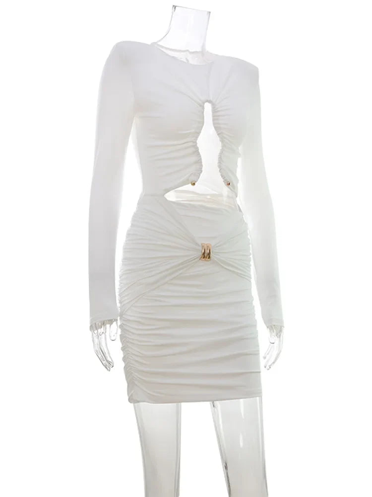 O Neck Hip Wrap Women Dresses Long Sleeve Hollow Out Fashion Sexy Club Skinny Solid Hip Wrap Bodycon Female Elegant