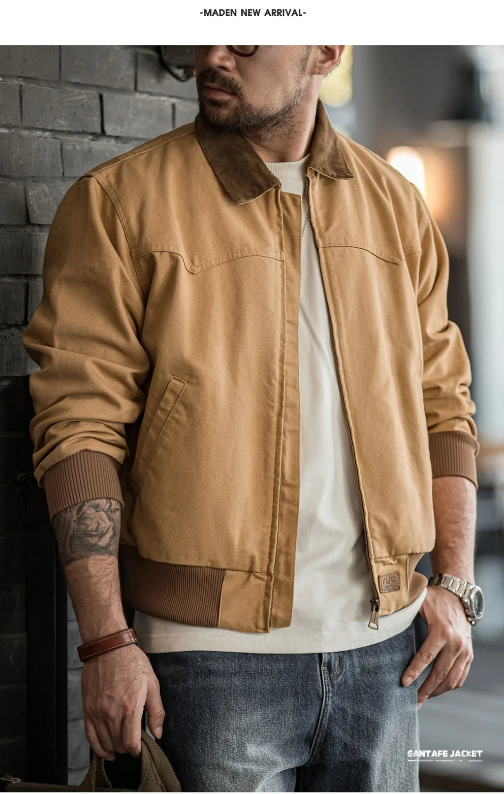 Retro Heavyweight Santafe Canvas Jackets Cotton Corduroy Lapel Ribbed Hem Cuffs Short Jacket for Men's Autumn Overcoat