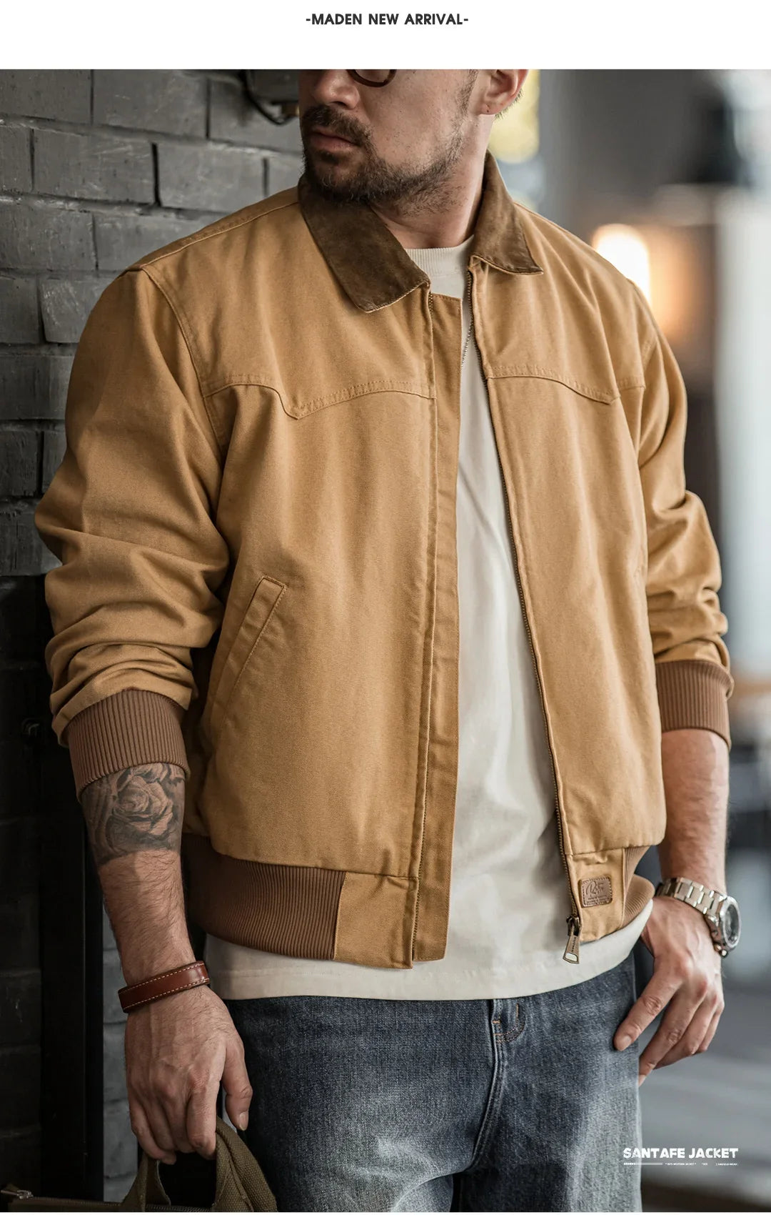 Retro Heavyweight Santafe Canvas Jackets Cotton Corduroy Lapel Ribbed Hem Cuffs Short Jacket for Men's Autumn Overcoat
