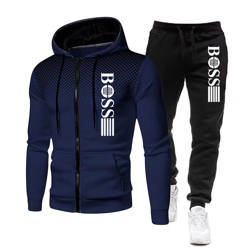 2026 New Men's zippered hoodie + Casual Pants Set for Autumn and Winter fashion Fitness and Warm sportswear Two-piece set