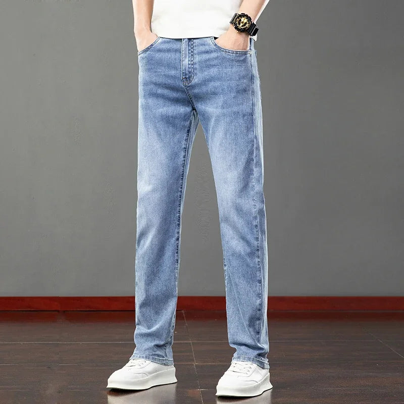 2026 Summer Men's Jeans Slim Fit Jeans Thin Stretch Straight Light Business Casual Denim Long Pants Male Classic Style Brand