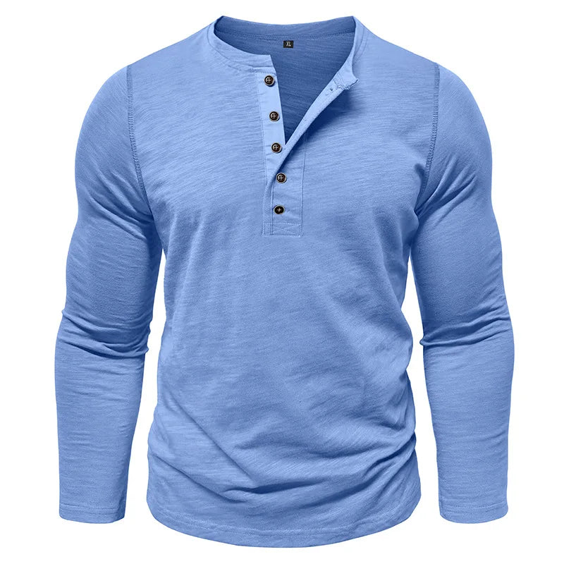 New Autumn Long Sleeve T-Shirt Mens Casual Solid Color Top Henley Neck Slim Versatile Work T-shirt Breathable Outdoor Thin Tee
