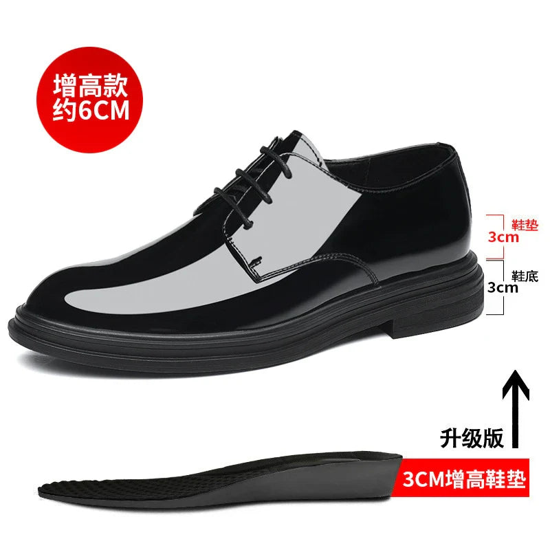 Mens Black Patent Leather Lace Up Dress Shoes With Thick Sole Platform Block Heel Formal Business Wedding Party Office Work Shoe