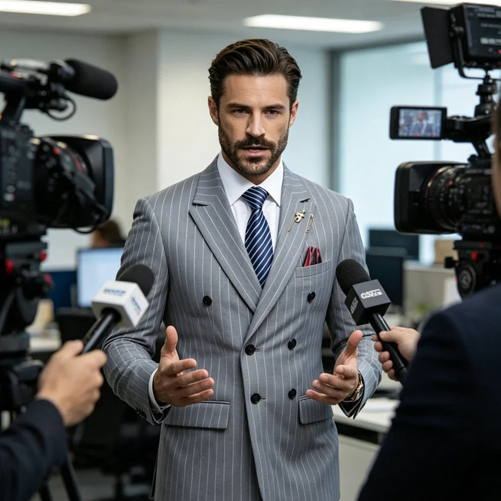 Men's Pinstripe Suit Set Classic Double Breasted Peak Lapel Slim Fit 2 Piece Blazer Pants For Business Formal Wedding