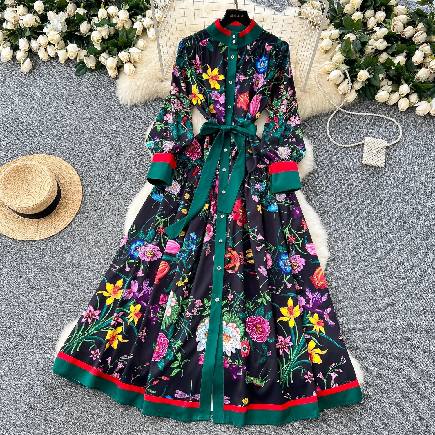 Retro Faion Print Stand Collar Single Button Women's Dr Waist Cinched Floor Length Skirt Korean Sle High Waist Long Sl...