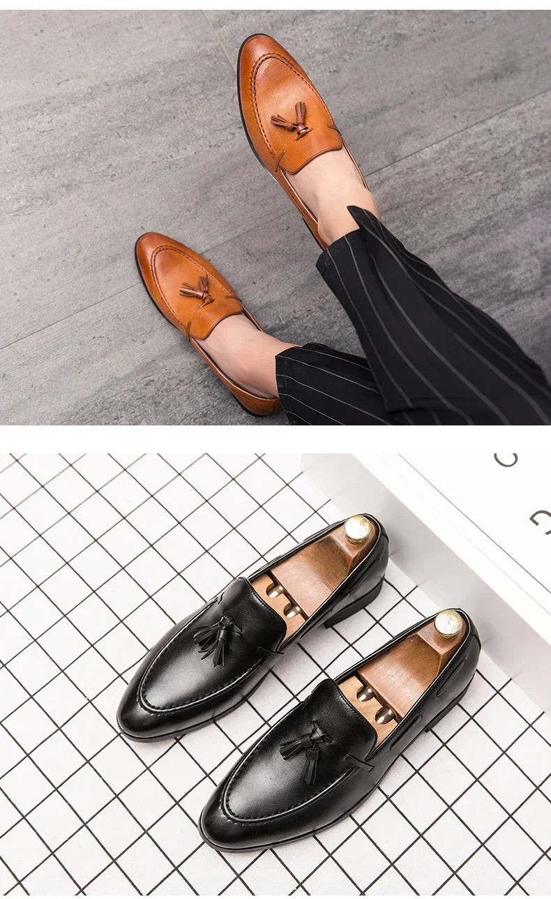 2025 New Men Leather Shoes Pointed Toe Formal Dress Shoes Slip On Men Loafer Tassel Shoe Zapatos Hombre