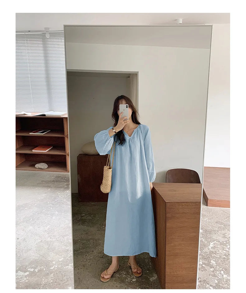 Vintage 100% Cotton Women Dress V Neck Long Sleeve Korean Jananse Pajama Dresses Ladies Comfortable Homewear Wearable Outside