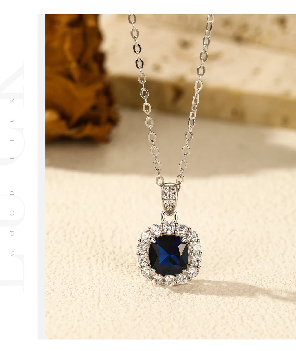 925 Sterling Silver Elegant Luxury Geometric Royal Blue Zirconia Pendant Necklaces For Women Anniversary Fine Jewelry