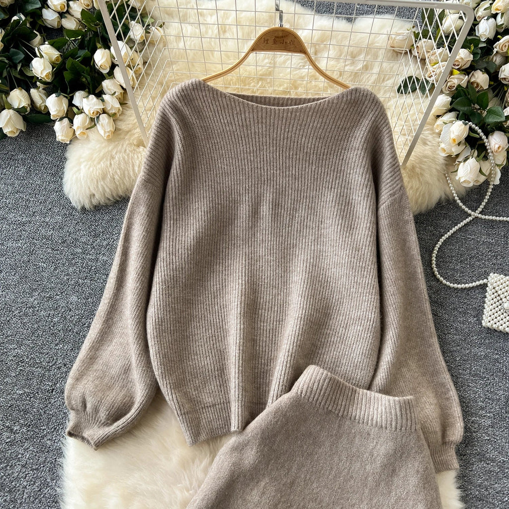 Autumn Casual Two Pieces Sets Women O-Neck Loose Knitting Top+Elastic Waist Large Swing Skirt Basic Korean Winter Sets