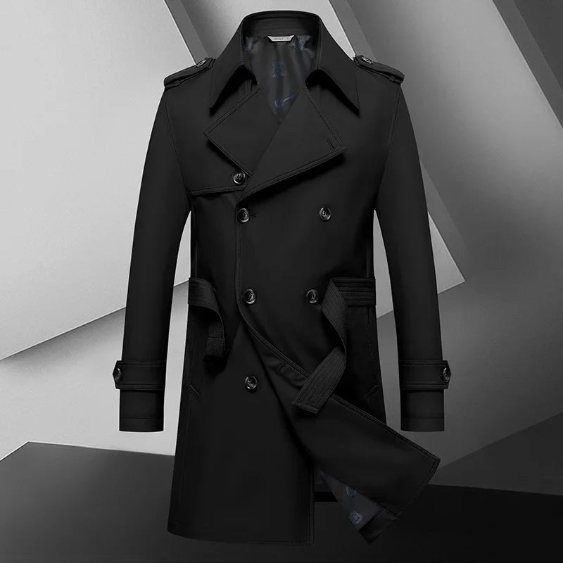 2024 Autumn New Men's Medium to Long Fashion Windbreaker Coat High Quality Double breasted British style Coat Series Belt Coat