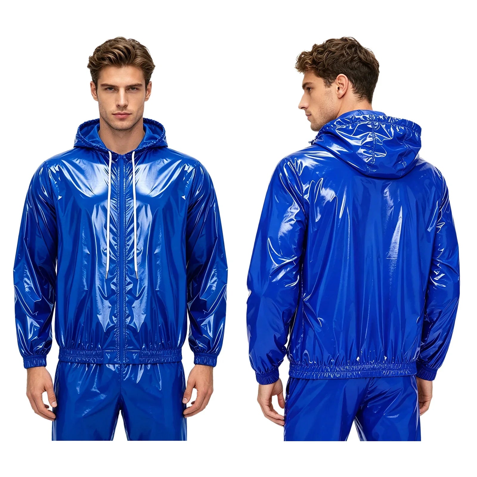 Mens Waterproof Hooded Raincoat Long Sleeve Front Zipper Rain Jacket Windbreaker with Drawstring Hood for Hiking Fishing Biking