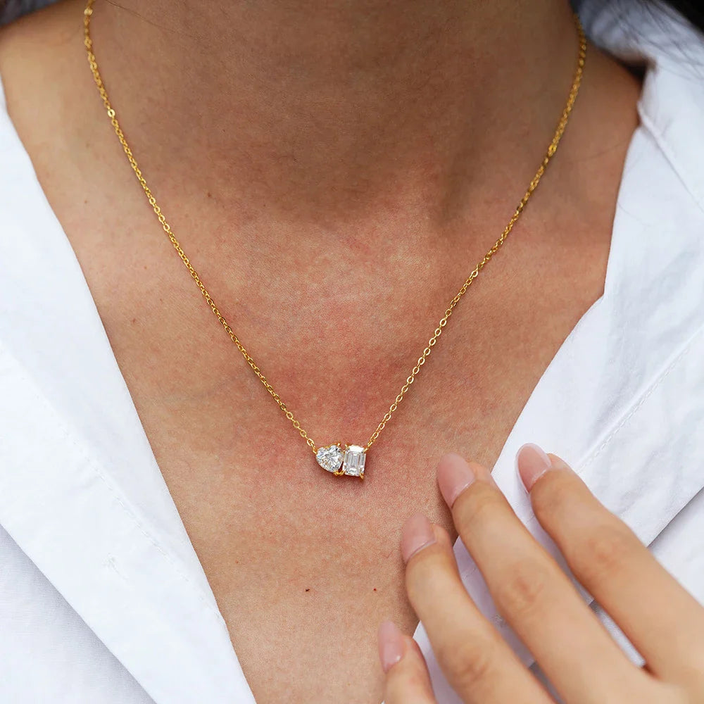 2CTTW Pear and Emerald Cut Moissanite Pendant Necklace Toi Et Moi 2 Stone Lab Diamond Necklace for Women S925 Silver 18K Jewelry