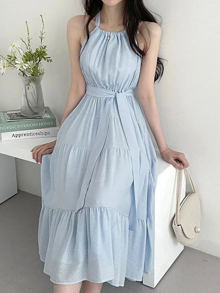 Korean Style Summer Slimming Necktie Waist Cinched Sleeveless Vest Long Dress Women's Fashionable Commute Style Inner Wear