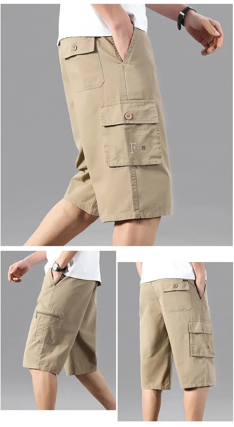 Men's Knee Length Casual Shorts Zipper Pocket Fashion Loose Straight Cotton Comfortable Beach Running Short Pants