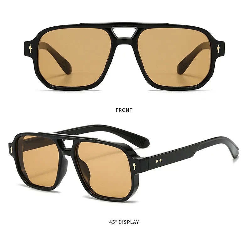 Vintage Double Bridges Men Square Sunglasses Fashion Clear Ocean Lens Eyewear Women Trending Rivets Sun Glasses UV400