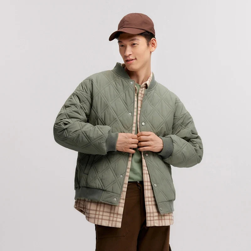 Cotton Jacket Men 2024 Winter New Slightly Wrinkled Quilted Rhombus Texture Thin Baseball Trendy Cotton Jacket