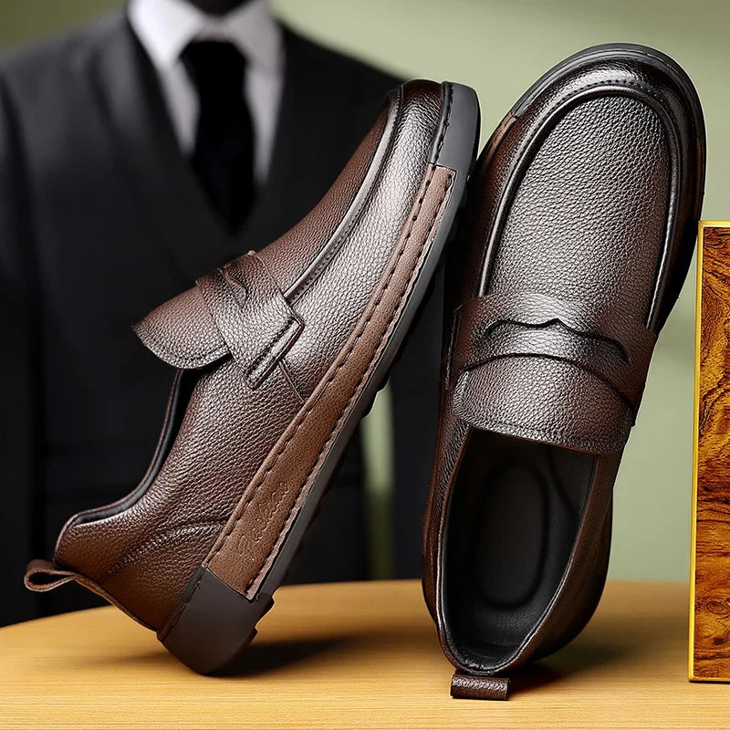 Men's Solid-Color Breathable Leather Casual Shoes  Fashionable And Lightweight Business Walking Shoes  Outdoor Anti-Slip Loafers