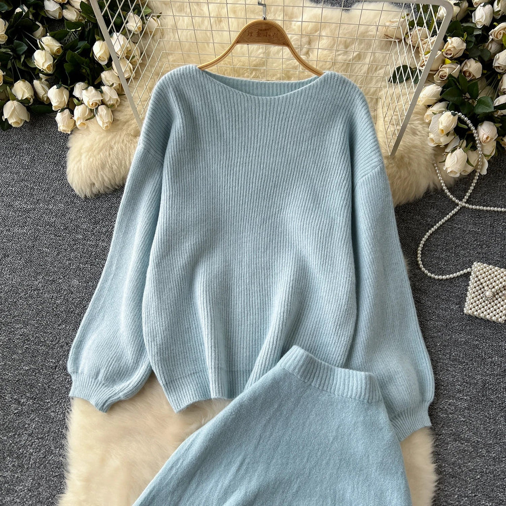 Autumn Casual Two Pieces Sets Women O-Neck Loose Knitting Top+Elastic Waist Large Swing Skirt Basic Korean Winter Sets