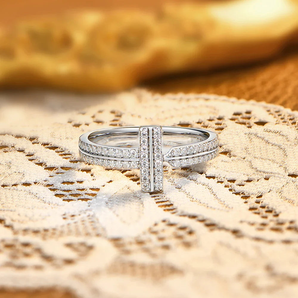 925 Sterling Silver Moissanite T-Bar Ring Double Band Paved Luxury Design Rings for Women Engagement Party Jewelry Gift
