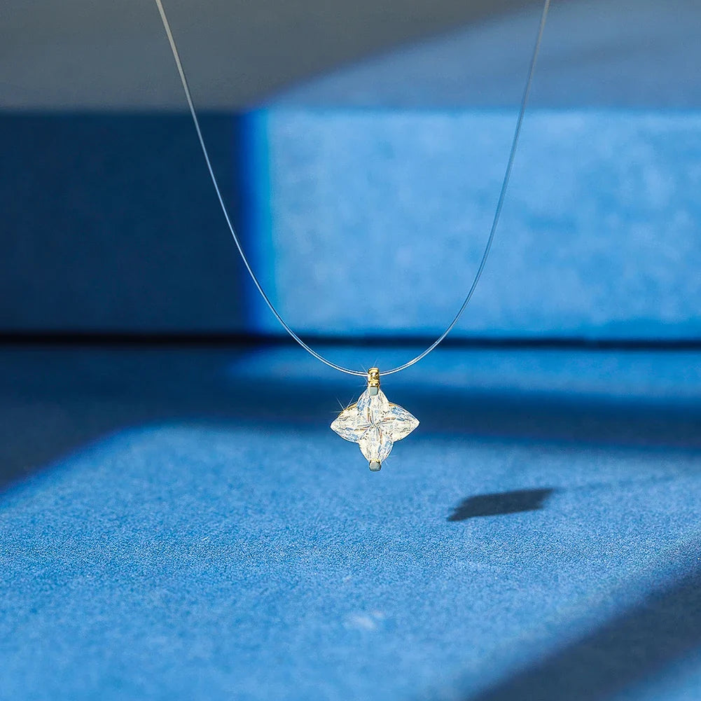 Dainty Invisible Line 925 Silver Simple Flower 8A Cubic Zirconia Choker Chain Transparent Fishing Line Collier LZN33