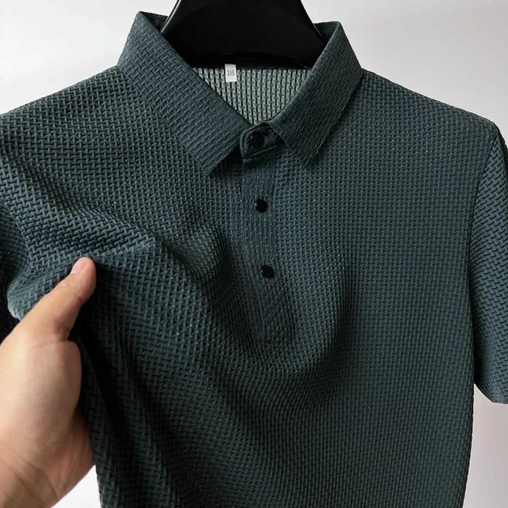 【جودة عالية】 M-4XL صيفي جديد قميص بولو رجالي بأكمام قصيرة بارد ومسامي، قميص علوي لامتصاص العرق كاجوال للعمل