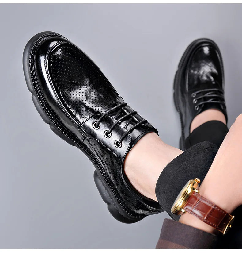 Summer Hallow Cow Leather Shoes for Men Fashion Casual Black New Designer Dress Shoes Male Lace Breathable Platform Shoes Man