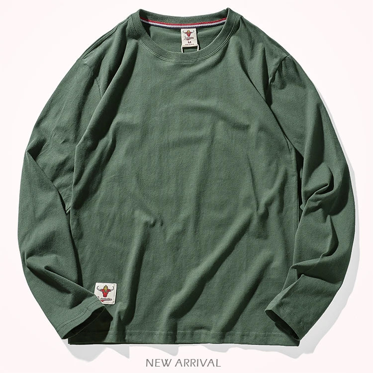 Autumn American Retro Long Sleeve O-neck Solid Color T-shirt Men's Fashion Simple 100% Cotton Washed Old Casual Bottoming Tops