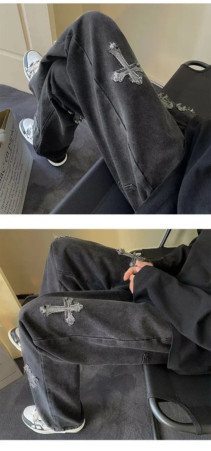 Vintage Men's Straight Jeans Cross Embroidery Casual Jeans Denim Loose Hip Hop Four Seasons Fashion Streetwear Pants Black Blue