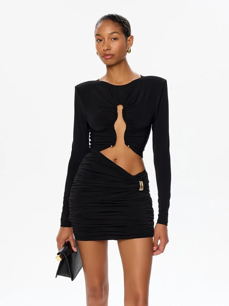 O Neck Hip Wrap Women Dresses Long Sleeve Hollow Out Fashion Sexy Club Skinny Solid Hip Wrap Bodycon Female Elegant