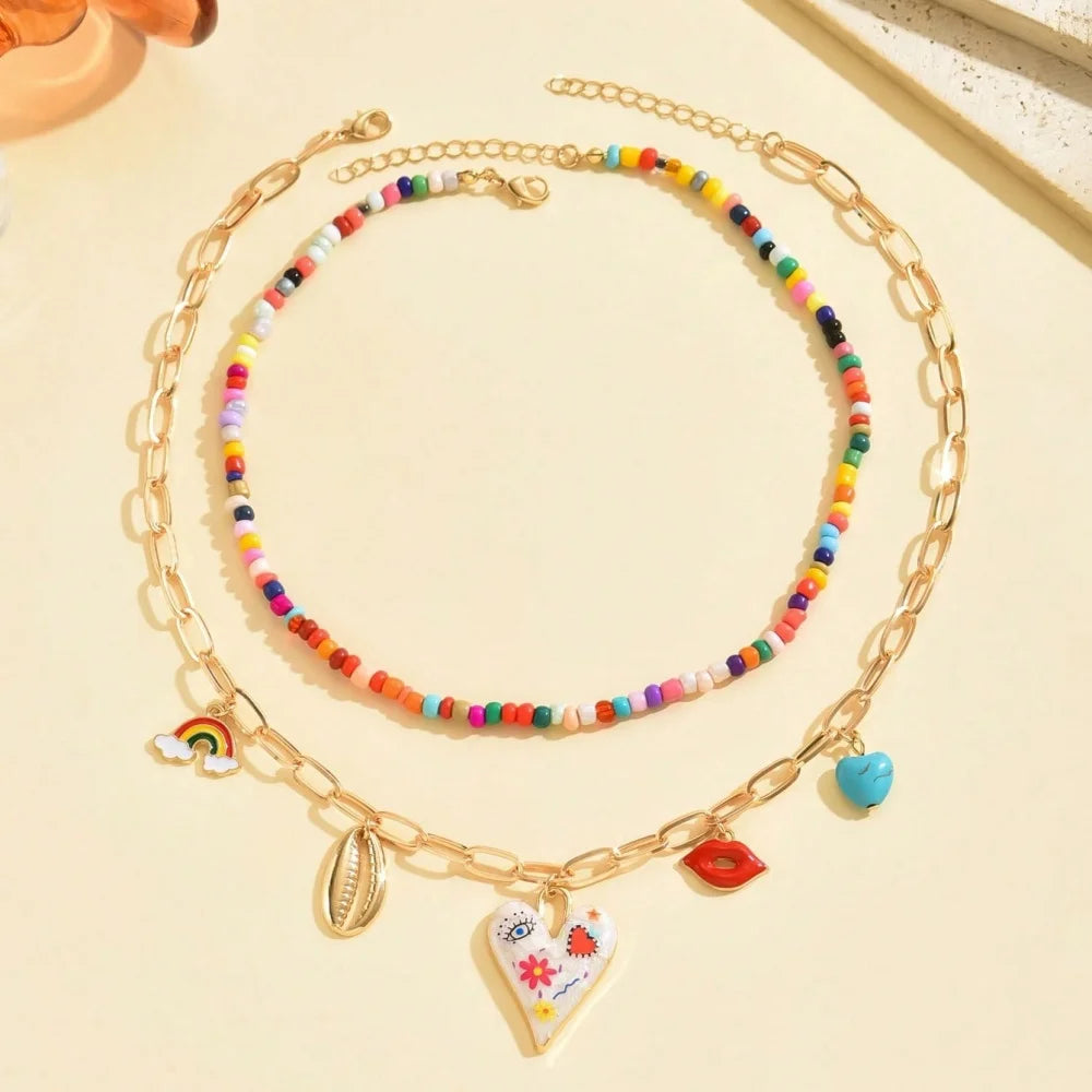 Bohemian Multilayer Handmade Beads Chain Fashion Necklaces Tassels Colorful Love Oil Drop Pendant Pendant Jewelry For Women Acce