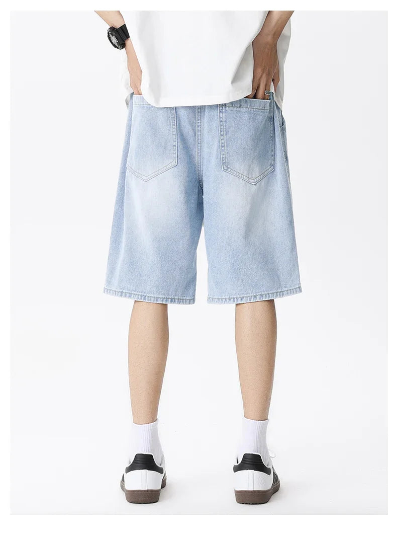 Casual Denim Shorts Men Elastic Waist Straight Comfortable Light Blue Soft Short Pants Baggy Wide Bermuda Male Jeans