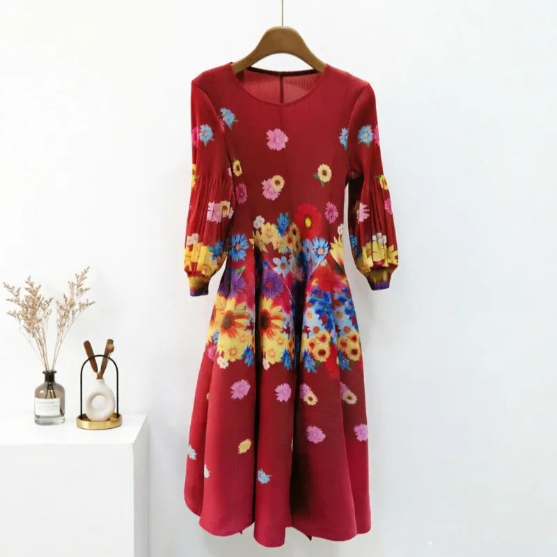 Miyake Pleated Dresses 2026 Autumn New Gentle French Print Elegant Stretch Plus Size Women's Long Sleeve Bounce Flower Bud Dress