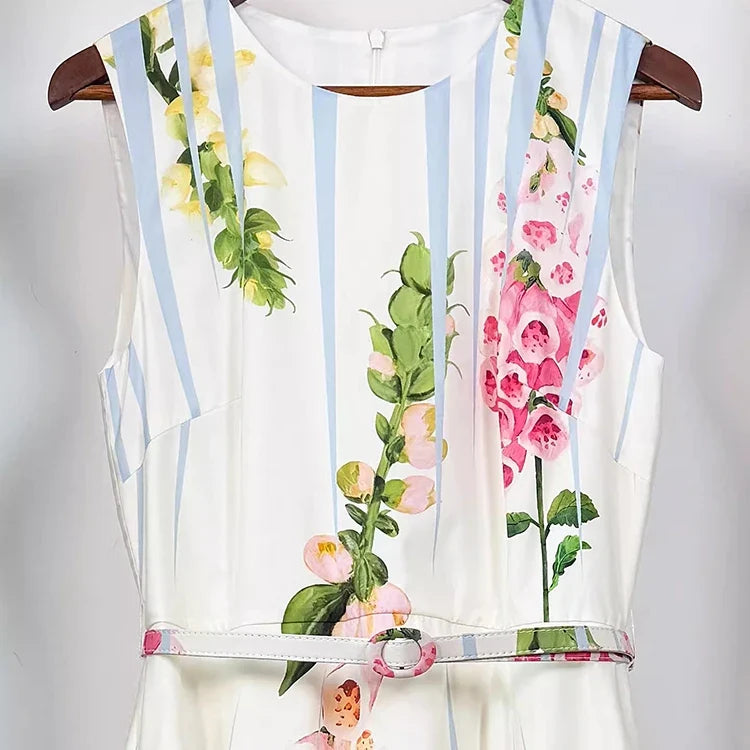 2026 Spring Women's New Fashionable Round Neck Sleeveless Printed Cotton Belt Waist cinching Dress ﻿