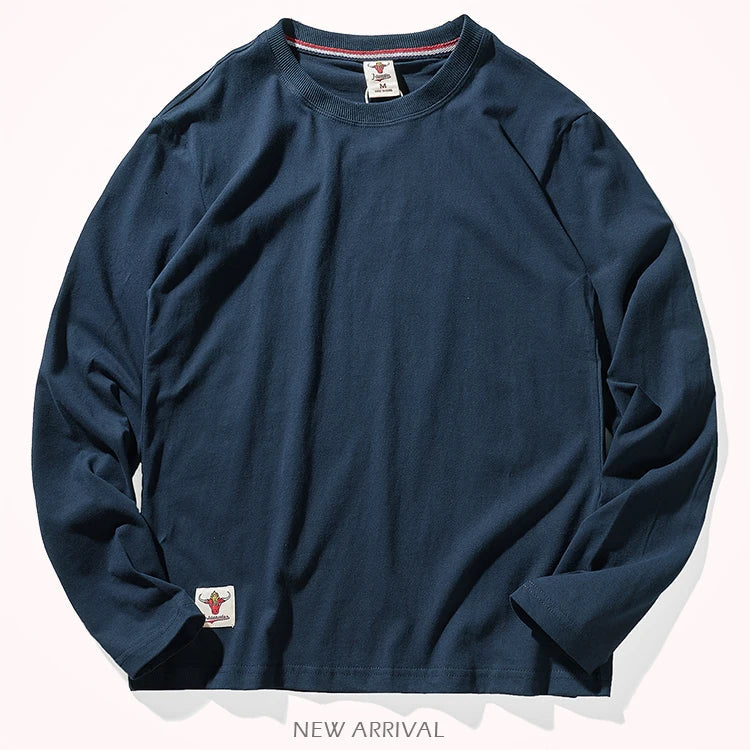 Autumn American Retro Long Sleeve O-neck Solid Color T-shirt Men's Fashion Simple 100% Cotton Washed Old Casual Bottoming Tops