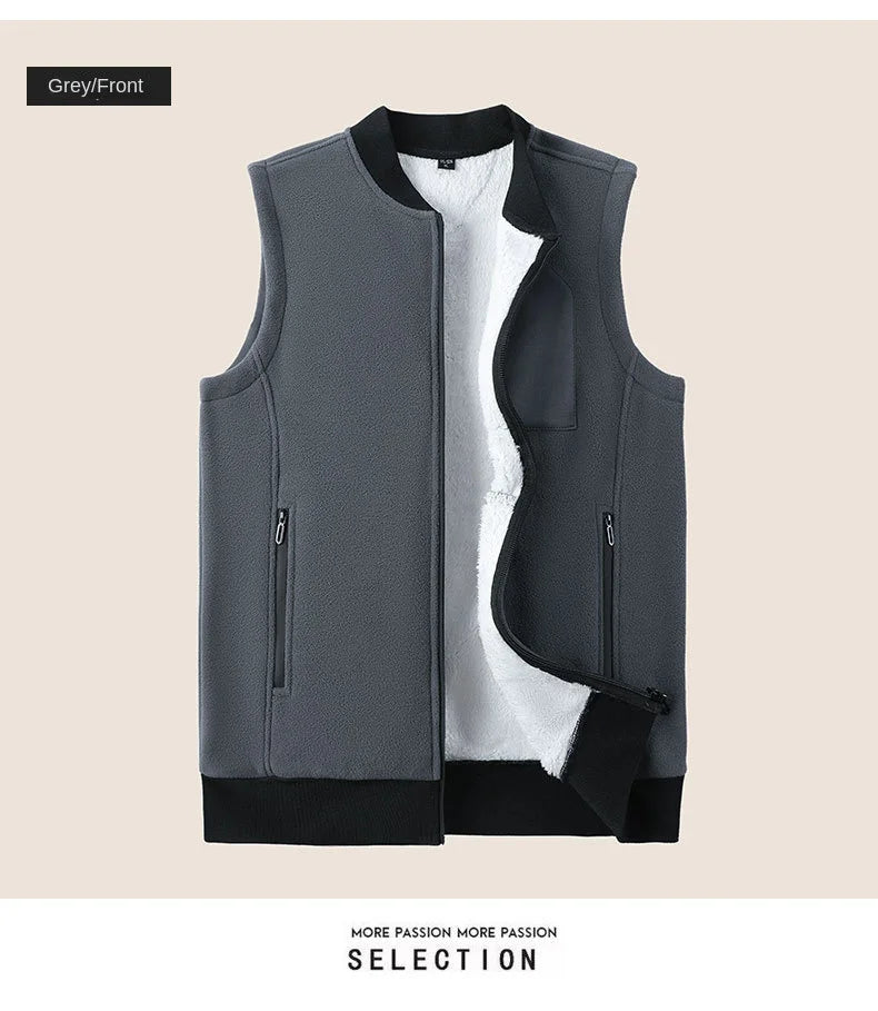 Men Winter Vest Sleeveless Stand Collar Solid Color Fleece Thick Keep Warm Plus Size Neck Protection Winter Waistcoat for Daily