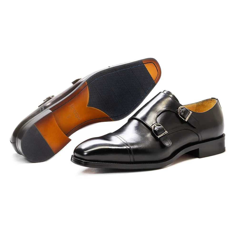 Luxury Genuine Leather Double Buckle Monk Strap Formal Shoes for Men Classic Cap Toe Business Office Wedding Dress Shoes