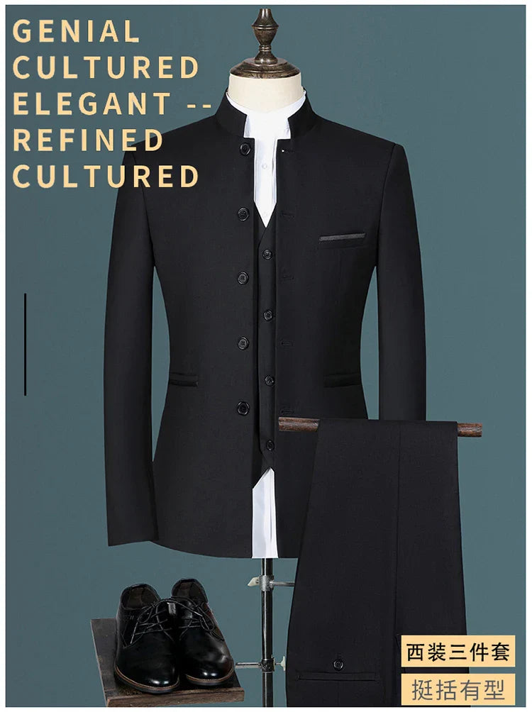 Suit (Blazer+ Vest + Pants) Men's Fashion Gentleman Business Outdoor Standing Collar Gentleman Wedding Work Casual MAO Suit
