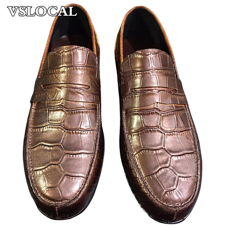 Luxury Brand Men Leather Shoes Black Slip On Croco Prints Casual Mens Dress Shoes Wedding Office Banquet Loafers For Men